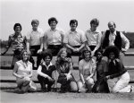 An earlier photo of Candle, including (back, L to R) Frank Hernandez, Mike Milligan, Georgian Banov, Rick Motter, Wayne Zeitner, and Mark Pendergrass. (front, L to R) Pennie Motter, Sherry Saunders, Ane Weber, Kathy Salerno, Cindy and Teretha Boswell.