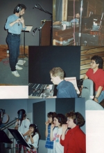 Recording Hide 'Em In Your Heart I - That's arranger, Fletch Wiley, playing flute (upper left), David Huntsinger on organ (upper right), Dan Rudin, engineering (middle), and the kids recording Keep Your Tongue From Evil.                                   